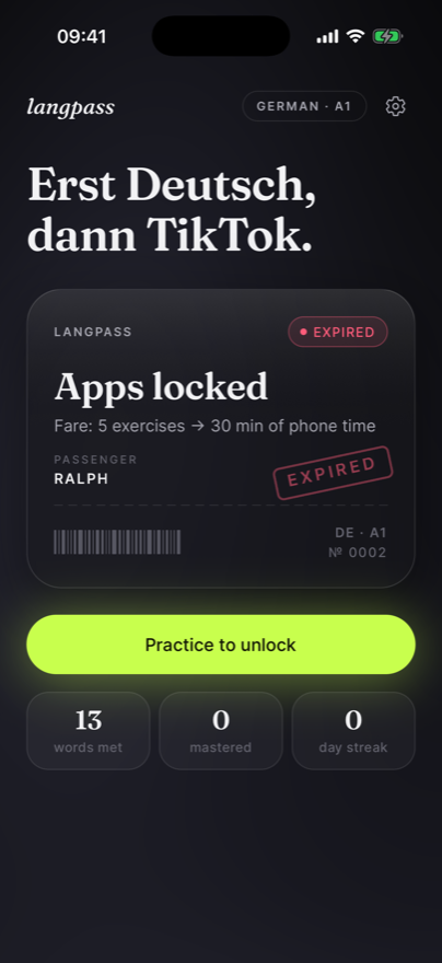 Écran d’accueil LangPass : un pass expiré avec le tarif — 5 exercices pour 30 minutes de téléphone